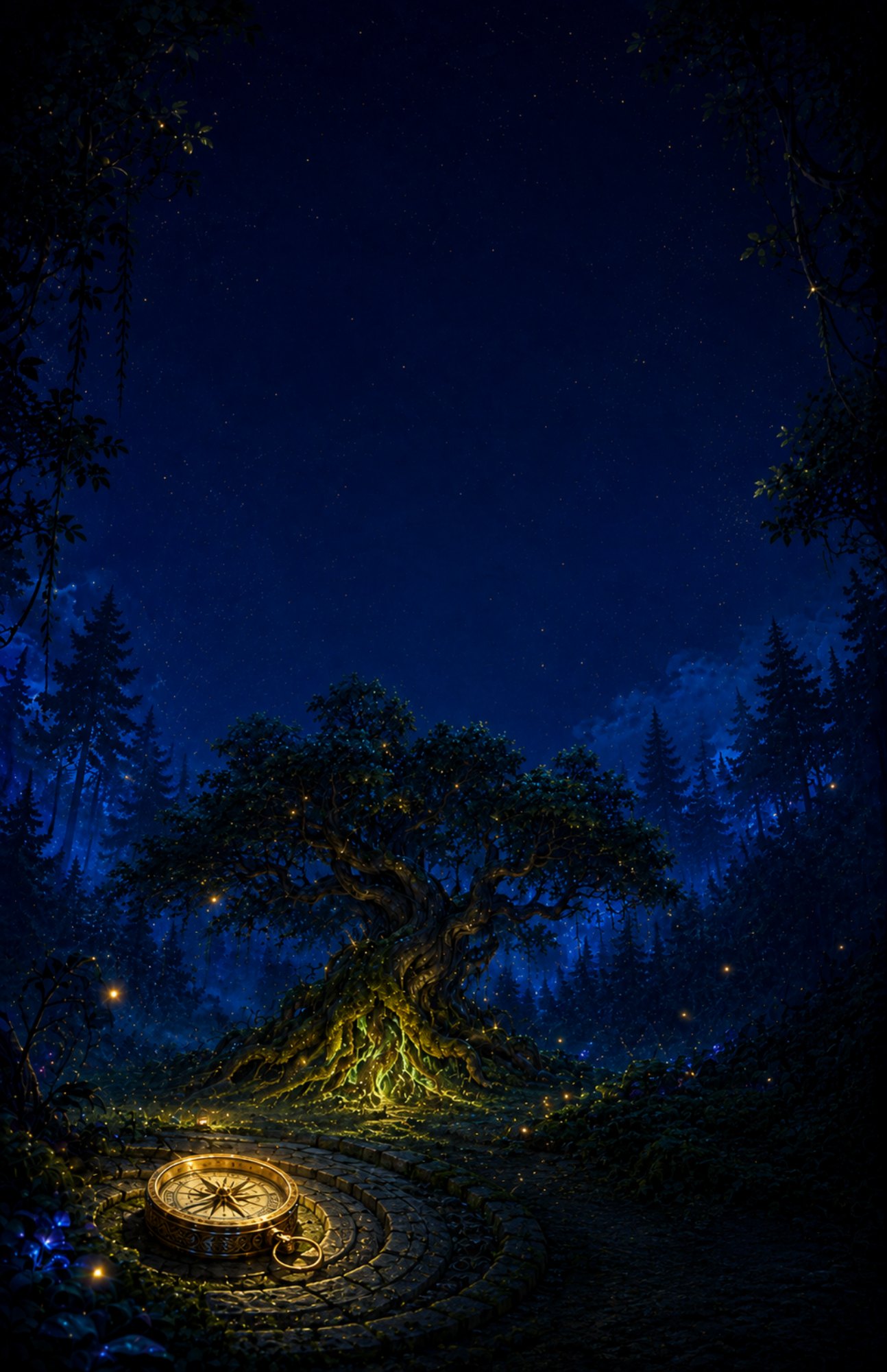 Un claro del bosque de noche con la brújula dorada sobre un círculo de piedra y el árbol milenario