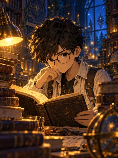 Félix, con gafas redondas y un libro antiguo