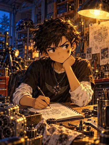Leo, con su cuaderno y una herramienta
